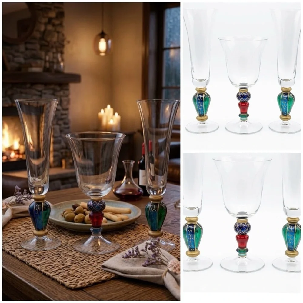 3 VTG Carnival Jeweled Dichroic Carnival MCM Champagne Flutes Multicolor Glasses